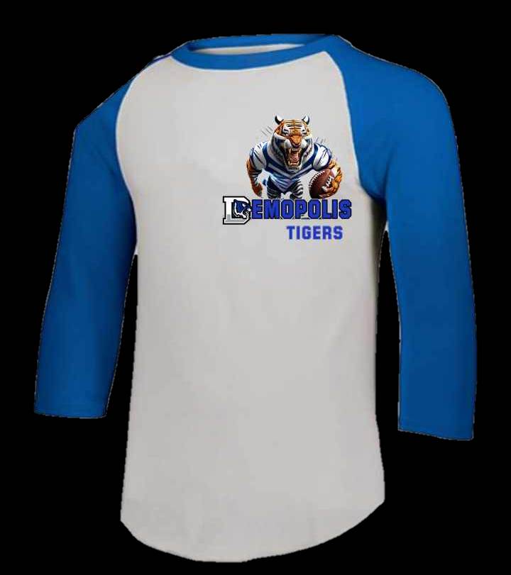 School Spirit Baseball Tshirt - Demopolis, Blue Heat